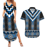 Blue Taniko Aotearoa Couples Matching Summer Maxi Dress and Hawaiian Shirt Niho Taniwha Mix Poutama LT14 Blue - Polynesian Pride