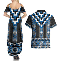 Blue Taniko Aotearoa Couples Matching Summer Maxi Dress and Hawaiian Shirt Niho Taniwha Mix Poutama LT14 - Polynesian Pride