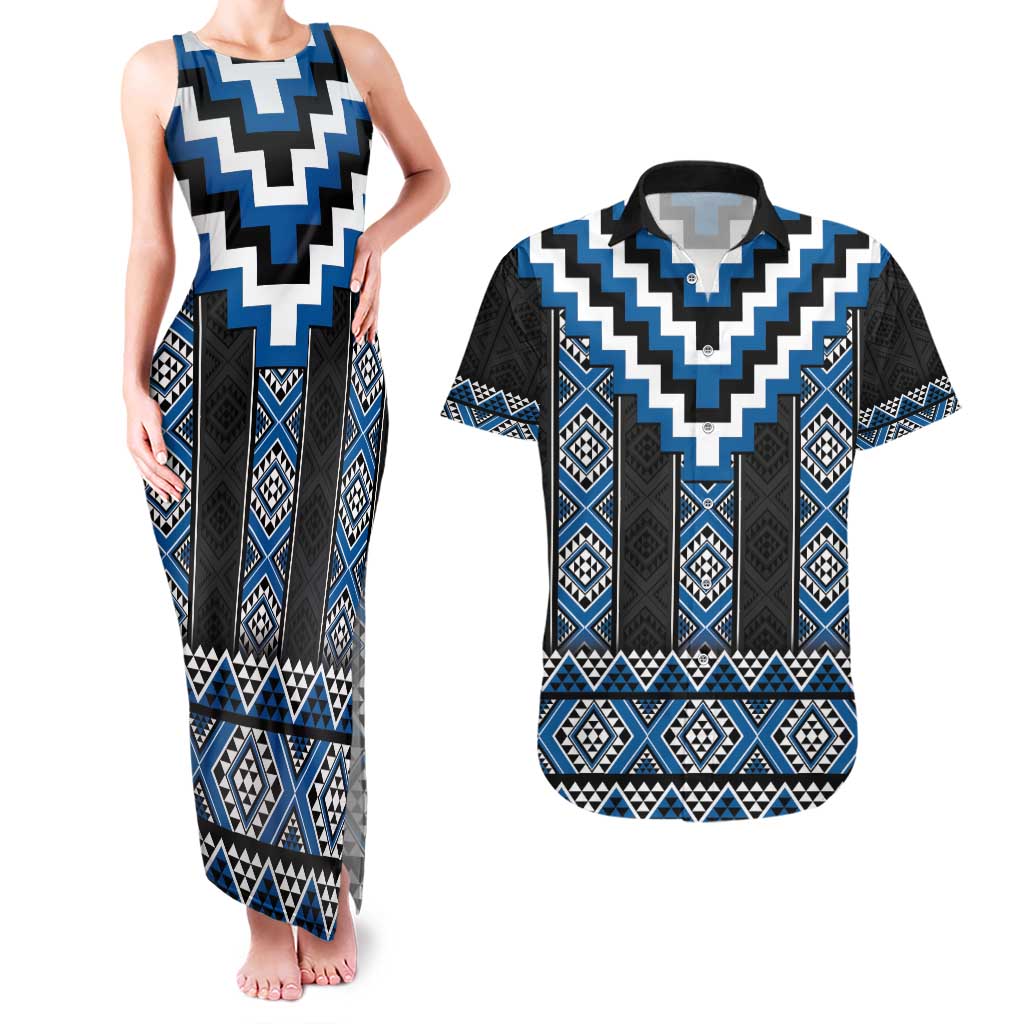Blue Taniko Aotearoa Couples Matching Tank Maxi Dress and Hawaiian Shirt Niho Taniwha Mix Poutama LT14 Blue - Polynesian Pride