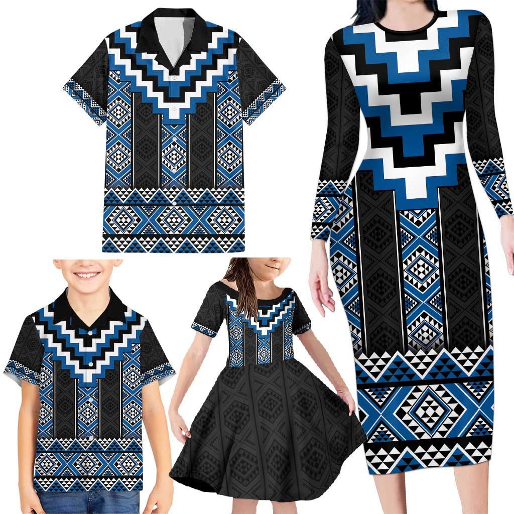 Blue Taniko Aotearoa Family Matching Long Sleeve Bodycon Dress and Hawaiian Shirt Niho Taniwha Mix Poutama LT14 - Polynesian Pride