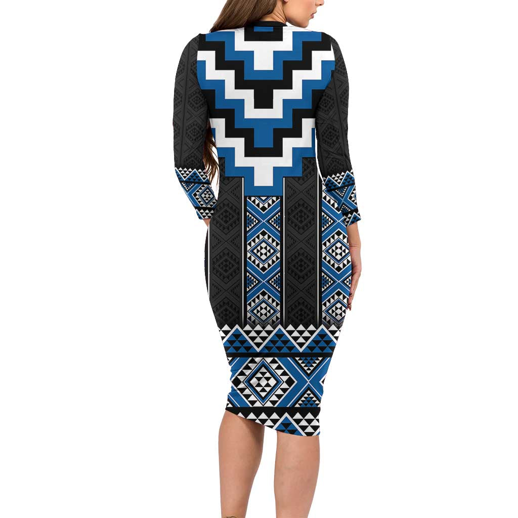 Blue Taniko Aotearoa Family Matching Long Sleeve Bodycon Dress and Hawaiian Shirt Niho Taniwha Mix Poutama LT14 - Polynesian Pride