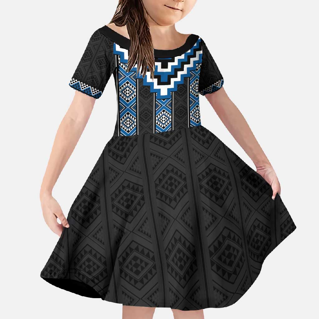 Blue Taniko Aotearoa Family Matching Mermaid Dress and Hawaiian Shirt Niho Taniwha Mix Poutama LT14 Daughter's Dress Blue - Polynesian Pride