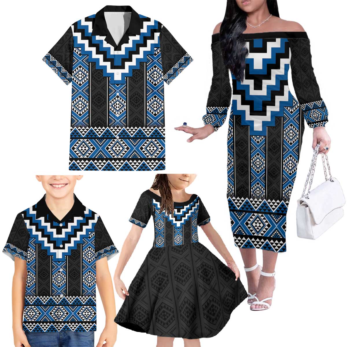 Blue Taniko Aotearoa Family Matching Off The Shoulder Long Sleeve Dress and Hawaiian Shirt Niho Taniwha Mix Poutama LT14 - Polynesian Pride