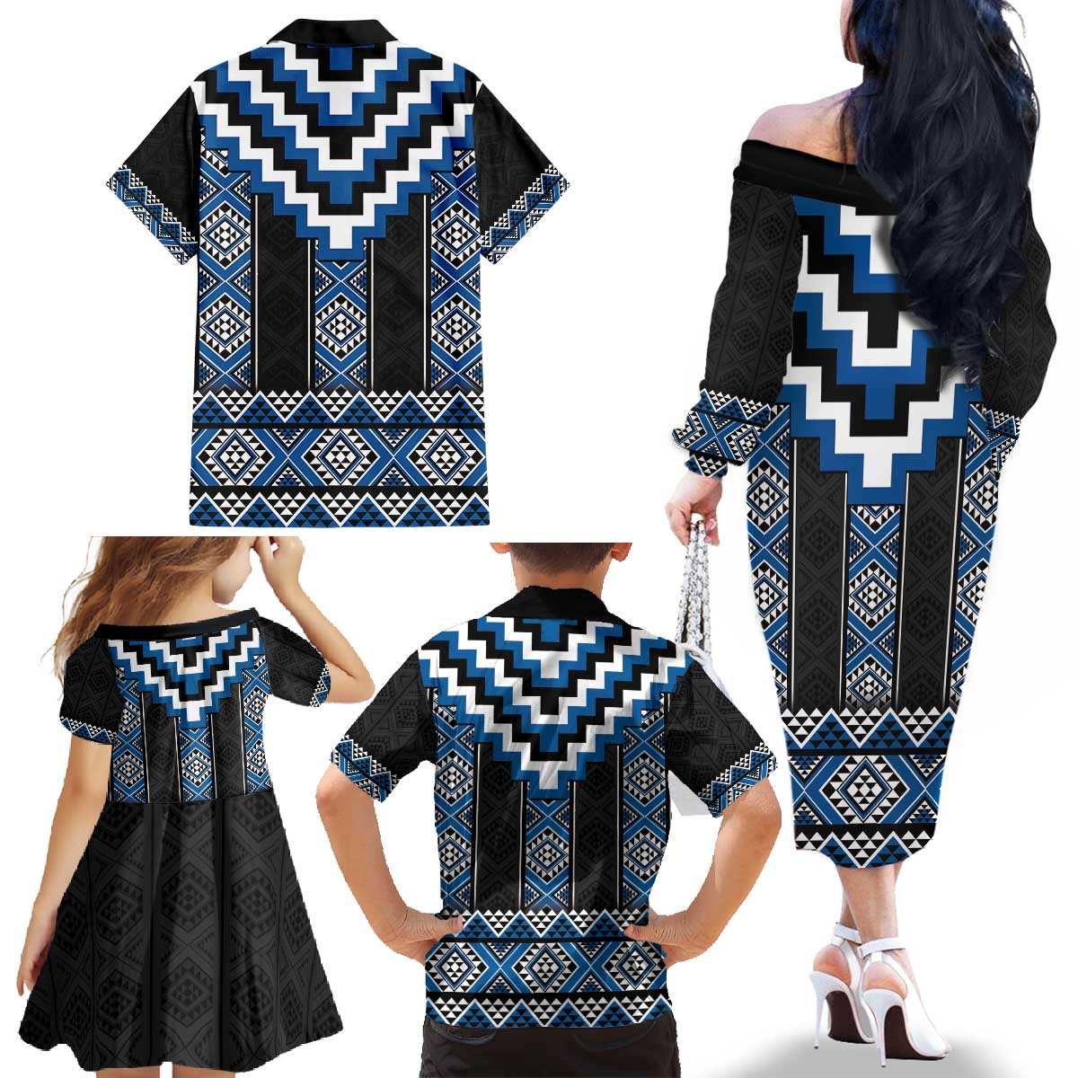 Blue Taniko Aotearoa Family Matching Off The Shoulder Long Sleeve Dress and Hawaiian Shirt Niho Taniwha Mix Poutama LT14 - Polynesian Pride