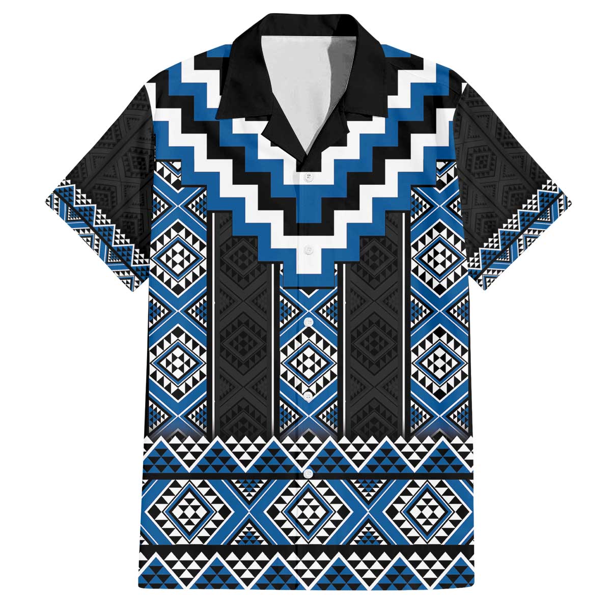 Blue Taniko Aotearoa Family Matching Off The Shoulder Long Sleeve Dress and Hawaiian Shirt Niho Taniwha Mix Poutama LT14 Dad's Shirt - Short Sleeve Blue - Polynesian Pride