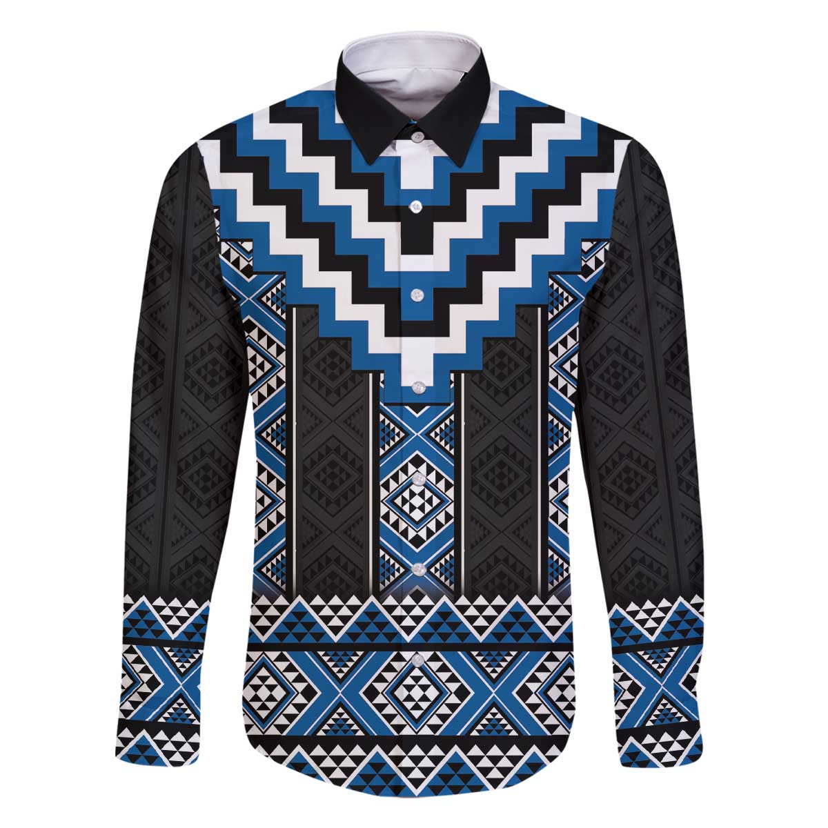 Blue Taniko Aotearoa Family Matching Off The Shoulder Long Sleeve Dress and Hawaiian Shirt Niho Taniwha Mix Poutama LT14 Dad's Shirt - Long Sleeve Blue - Polynesian Pride