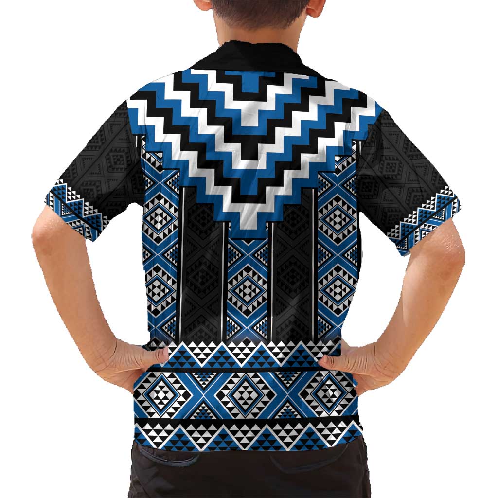 Blue Taniko Aotearoa Family Matching Off Shoulder Maxi Dress and Hawaiian Shirt Niho Taniwha Mix Poutama LT14 - Polynesian Pride
