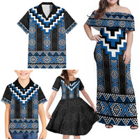 Blue Taniko Aotearoa Family Matching Off Shoulder Maxi Dress and Hawaiian Shirt Niho Taniwha Mix Poutama LT14 - Polynesian Pride
