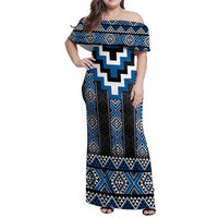 Blue Taniko Aotearoa Family Matching Off Shoulder Maxi Dress and Hawaiian Shirt Niho Taniwha Mix Poutama LT14 Mom's Dress Blue - Polynesian Pride