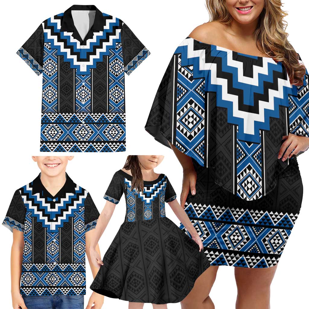 Blue Taniko Aotearoa Family Matching Off Shoulder Short Dress and Hawaiian Shirt Niho Taniwha Mix Poutama LT14 - Polynesian Pride