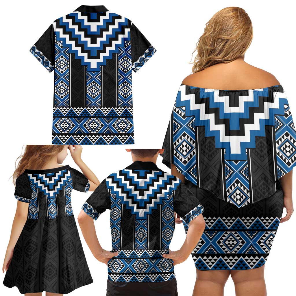 Blue Taniko Aotearoa Family Matching Off Shoulder Short Dress and Hawaiian Shirt Niho Taniwha Mix Poutama LT14 - Polynesian Pride