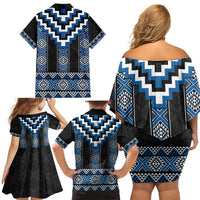 Blue Taniko Aotearoa Family Matching Off Shoulder Short Dress and Hawaiian Shirt Niho Taniwha Mix Poutama LT14 - Polynesian Pride