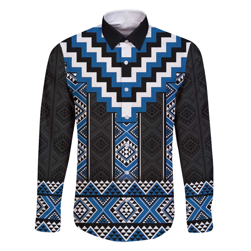 Blue Taniko Aotearoa Family Matching Off Shoulder Short Dress and Hawaiian Shirt Niho Taniwha Mix Poutama LT14 Dad's Shirt - Long Sleeve Blue - Polynesian Pride