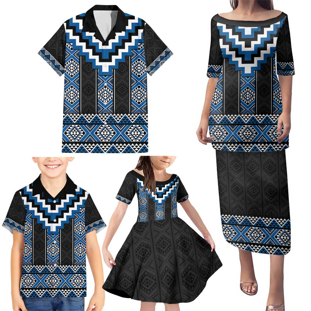 Blue Taniko Aotearoa Family Matching Puletasi and Hawaiian Shirt Niho Taniwha Mix Poutama LT14 - Polynesian Pride