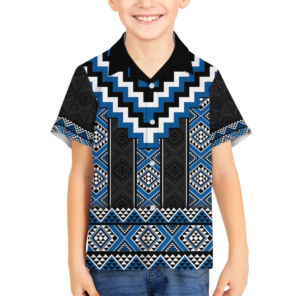 Blue Taniko Aotearoa Family Matching Puletasi and Hawaiian Shirt Niho Taniwha Mix Poutama LT14 Son's Shirt Blue - Polynesian Pride