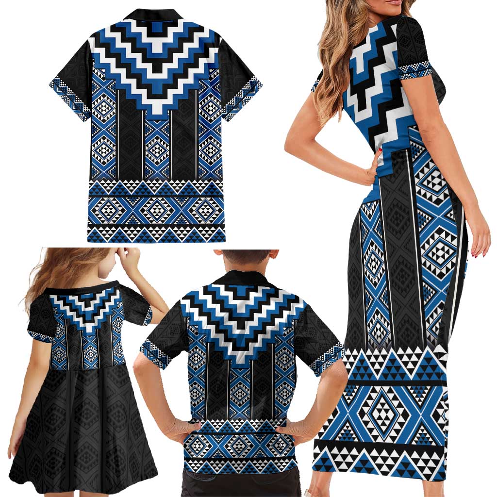 Blue Taniko Aotearoa Family Matching Short Sleeve Bodycon Dress and Hawaiian Shirt Niho Taniwha Mix Poutama LT14 - Polynesian Pride