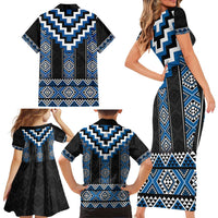 Blue Taniko Aotearoa Family Matching Short Sleeve Bodycon Dress and Hawaiian Shirt Niho Taniwha Mix Poutama LT14 - Polynesian Pride