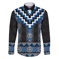 Blue Taniko Aotearoa Family Matching Short Sleeve Bodycon Dress and Hawaiian Shirt Niho Taniwha Mix Poutama LT14 Dad's Shirt - Long Sleeve Blue - Polynesian Pride
