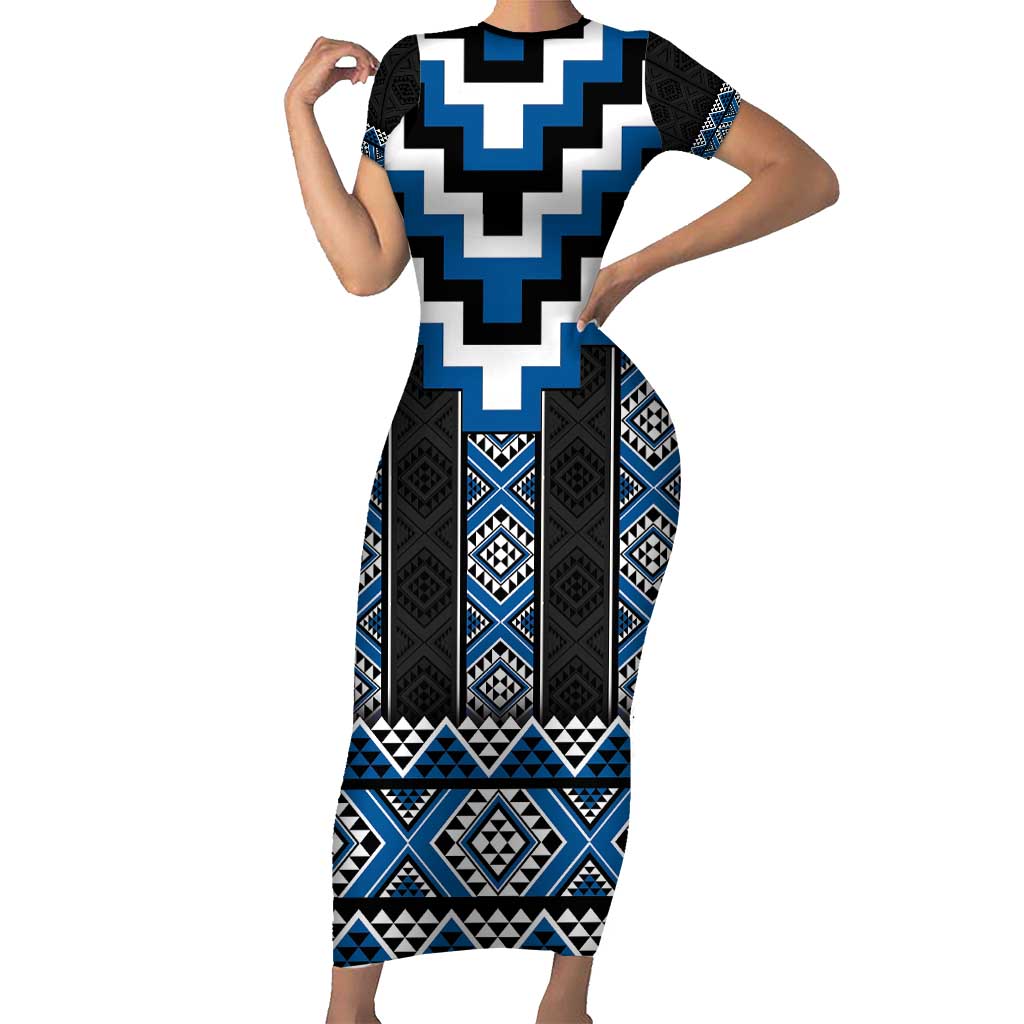 Blue Taniko Aotearoa Family Matching Short Sleeve Bodycon Dress and Hawaiian Shirt Niho Taniwha Mix Poutama LT14 Mom's Dress Blue - Polynesian Pride