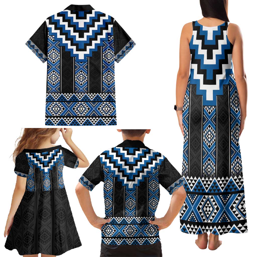 Blue Taniko Aotearoa Family Matching Tank Maxi Dress and Hawaiian Shirt Niho Taniwha Mix Poutama LT14 - Polynesian Pride