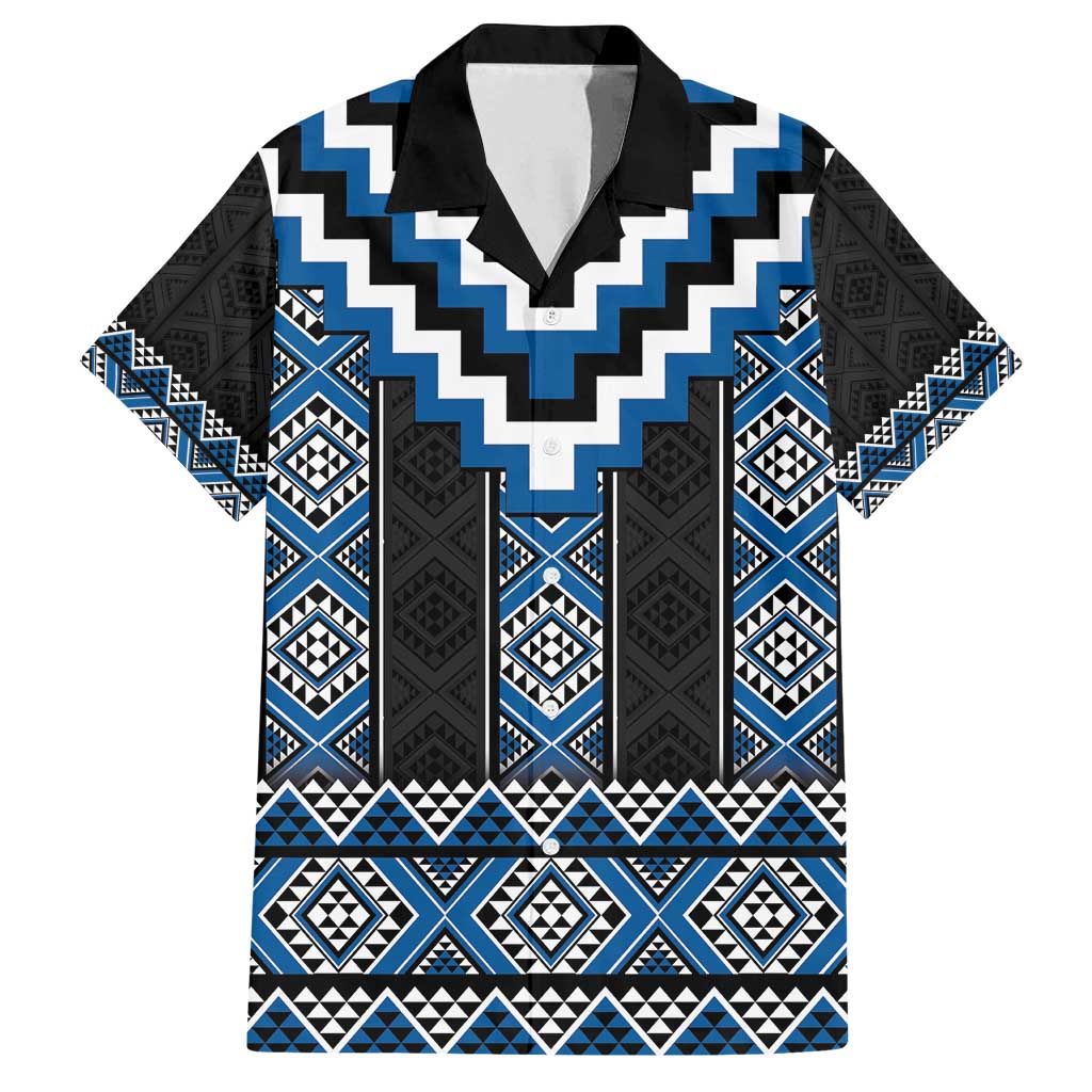 Blue Taniko Aotearoa Family Matching Tank Maxi Dress and Hawaiian Shirt Niho Taniwha Mix Poutama LT14 Dad's Shirt - Short Sleeve Blue - Polynesian Pride