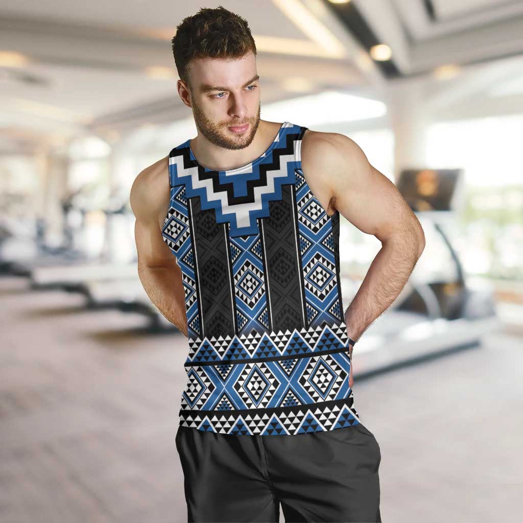 Blue Taniko Aotearoa Men Tank Top Niho Taniwha Mix Poutama LT14 Blue - Polynesian Pride