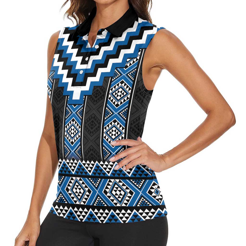 Blue Taniko Aotearoa Women Sleeveless Polo Shirt Niho Taniwha Mix Poutama LT14