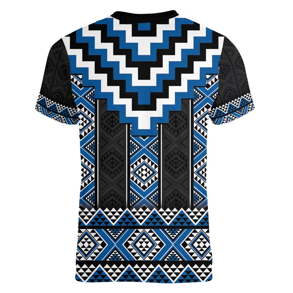 Blue Taniko Aotearoa Women V-Neck T-Shirt Niho Taniwha Mix Poutama LT14