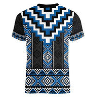 Blue Taniko Aotearoa Women V-Neck T-Shirt Niho Taniwha Mix Poutama LT14