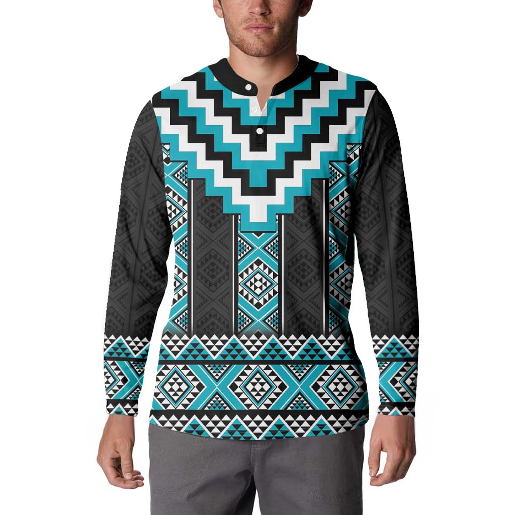 Turquoise Taniko Pattern Aotearoa Button Sweatshirt Niho Taniwha Mix Poutama LT14