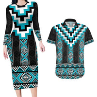 Turquoise Taniko Pattern Aotearoa Couples Matching Long Sleeve Bodycon Dress and Hawaiian Shirt Niho Taniwha Mix Poutama LT14 Turquoise - Polynesian Pride