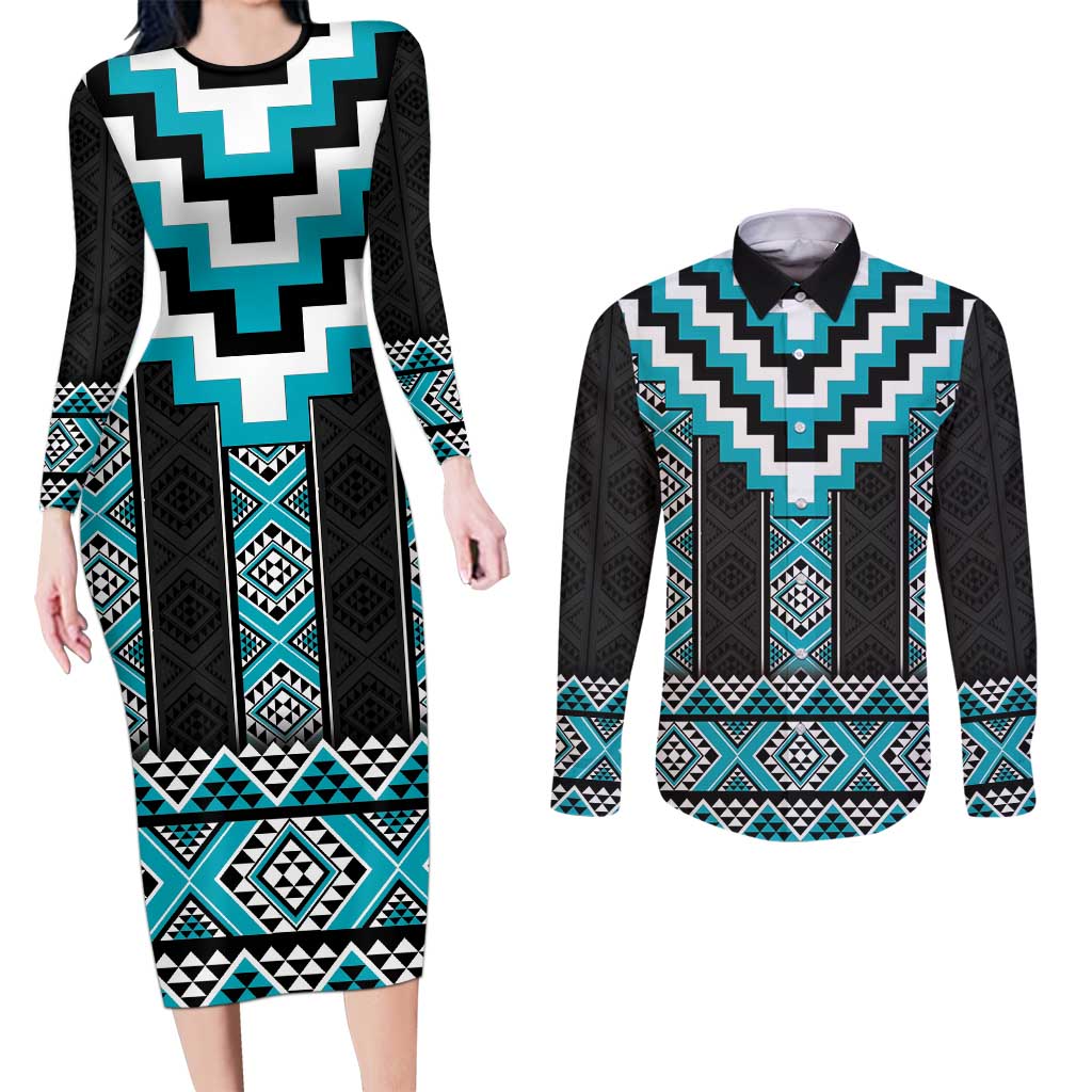 Turquoise Taniko Pattern Aotearoa Couples Matching Long Sleeve Bodycon Dress and Long Sleeve Button Shirt Niho Taniwha Mix Poutama LT14 Turquoise - Polynesian Pride