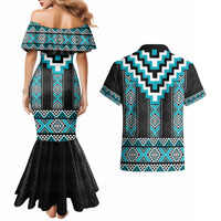 Turquoise Taniko Pattern Aotearoa Couples Matching Mermaid Dress and Hawaiian Shirt Niho Taniwha Mix Poutama LT14