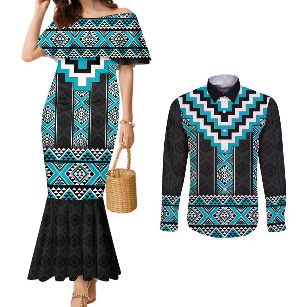 Turquoise Taniko Pattern Aotearoa Couples Matching Mermaid Dress and Long Sleeve Button Shirt Niho Taniwha Mix Poutama LT14 Turquoise - Polynesian Pride