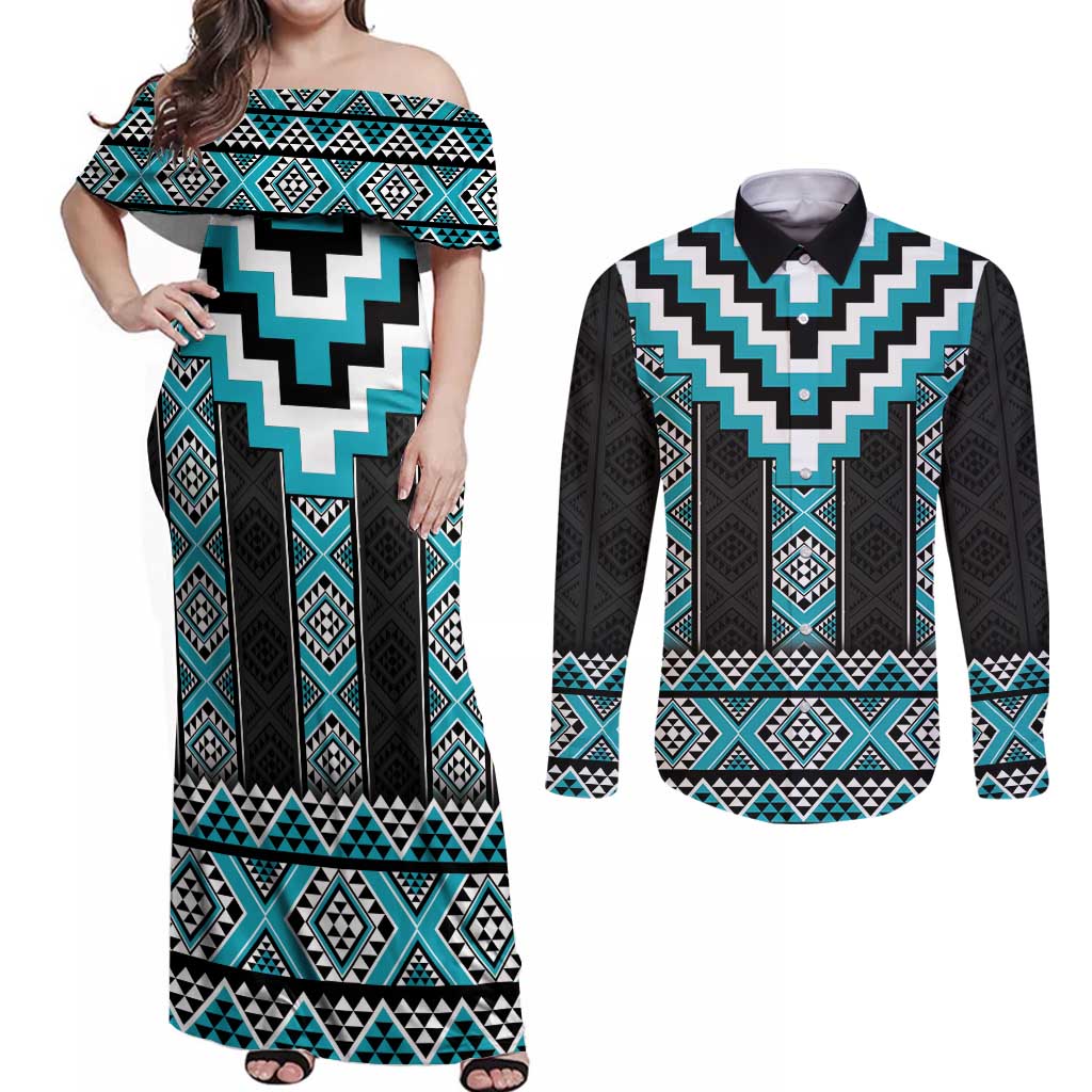 Turquoise Taniko Pattern Aotearoa Couples Matching Off Shoulder Maxi Dress and Long Sleeve Button Shirt Niho Taniwha Mix Poutama LT14 Turquoise - Polynesian Pride
