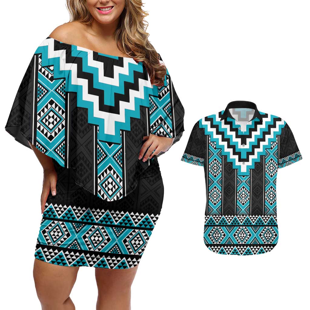 Turquoise Taniko Pattern Aotearoa Couples Matching Off Shoulder Short Dress and Hawaiian Shirt Niho Taniwha Mix Poutama LT14 Turquoise - Polynesian Pride