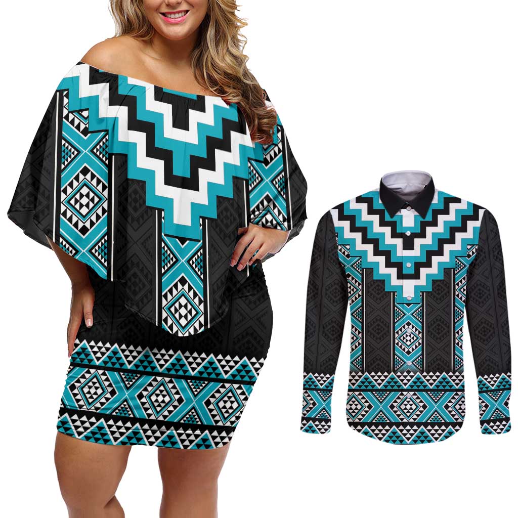 Turquoise Taniko Pattern Aotearoa Couples Matching Off Shoulder Short Dress and Long Sleeve Button Shirt Niho Taniwha Mix Poutama LT14 Turquoise - Polynesian Pride