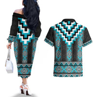 Turquoise Taniko Pattern Aotearoa Couples Matching Off The Shoulder Long Sleeve Dress and Hawaiian Shirt Niho Taniwha Mix Poutama LT14 - Polynesian Pride