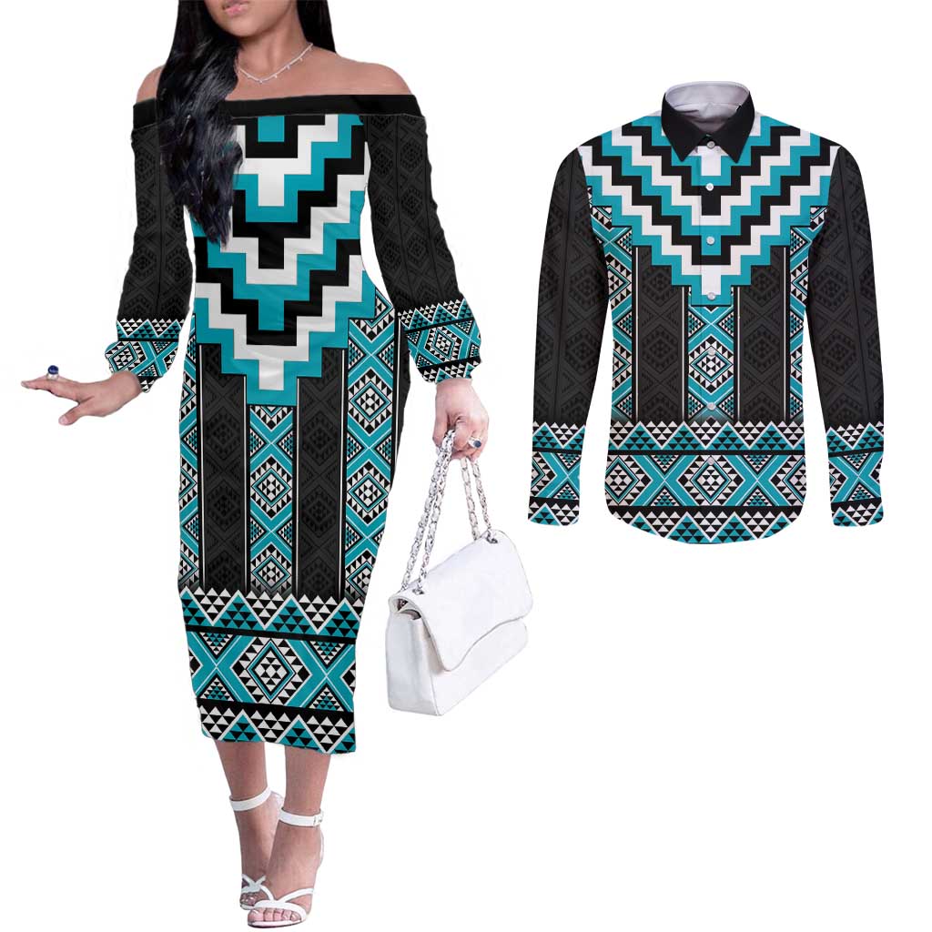 Turquoise Taniko Pattern Aotearoa Couples Matching Off The Shoulder Long Sleeve Dress and Long Sleeve Button Shirt Niho Taniwha Mix Poutama LT14 Turquoise - Polynesian Pride