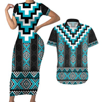 Turquoise Taniko Pattern Aotearoa Couples Matching Short Sleeve Bodycon Dress and Hawaiian Shirt Niho Taniwha Mix Poutama LT14 Turquoise - Polynesian Pride