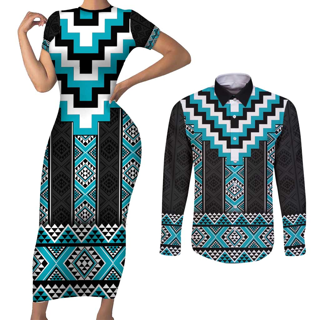 Turquoise Taniko Pattern Aotearoa Couples Matching Short Sleeve Bodycon Dress and Long Sleeve Button Shirt Niho Taniwha Mix Poutama LT14 Turquoise - Polynesian Pride