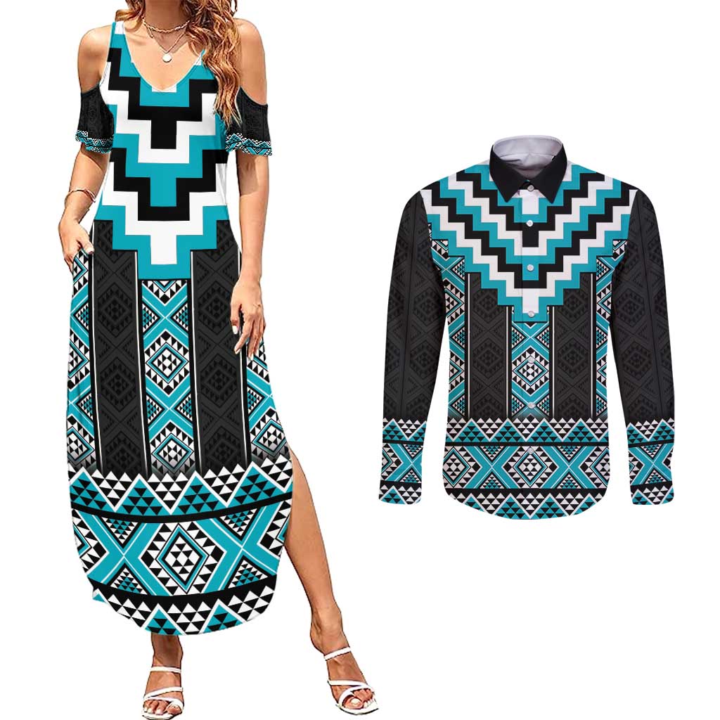 Turquoise Taniko Pattern Aotearoa Couples Matching Summer Maxi Dress and Long Sleeve Button Shirt Niho Taniwha Mix Poutama LT14 Turquoise - Polynesian Pride