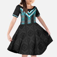 Turquoise Taniko Pattern Aotearoa Family Matching Long Sleeve Bodycon Dress and Hawaiian Shirt Niho Taniwha Mix Poutama LT14 Daughter's Dress Turquoise - Polynesian Pride