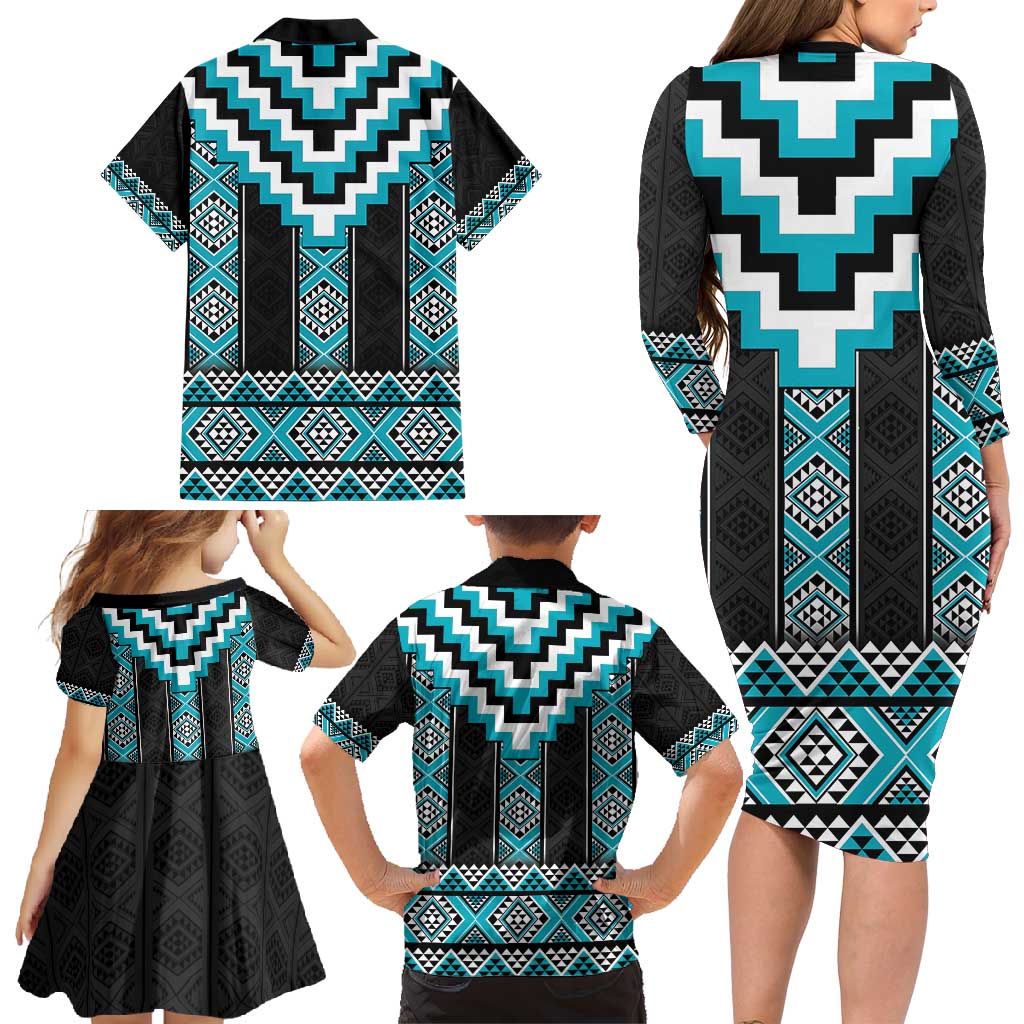 Turquoise Taniko Pattern Aotearoa Family Matching Long Sleeve Bodycon Dress and Hawaiian Shirt Niho Taniwha Mix Poutama LT14 - Polynesian Pride