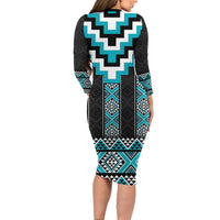 Turquoise Taniko Pattern Aotearoa Family Matching Long Sleeve Bodycon Dress and Hawaiian Shirt Niho Taniwha Mix Poutama LT14 - Polynesian Pride