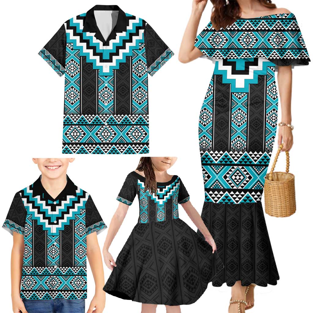 Turquoise Taniko Pattern Aotearoa Family Matching Mermaid Dress and Hawaiian Shirt Niho Taniwha Mix Poutama LT14 - Polynesian Pride