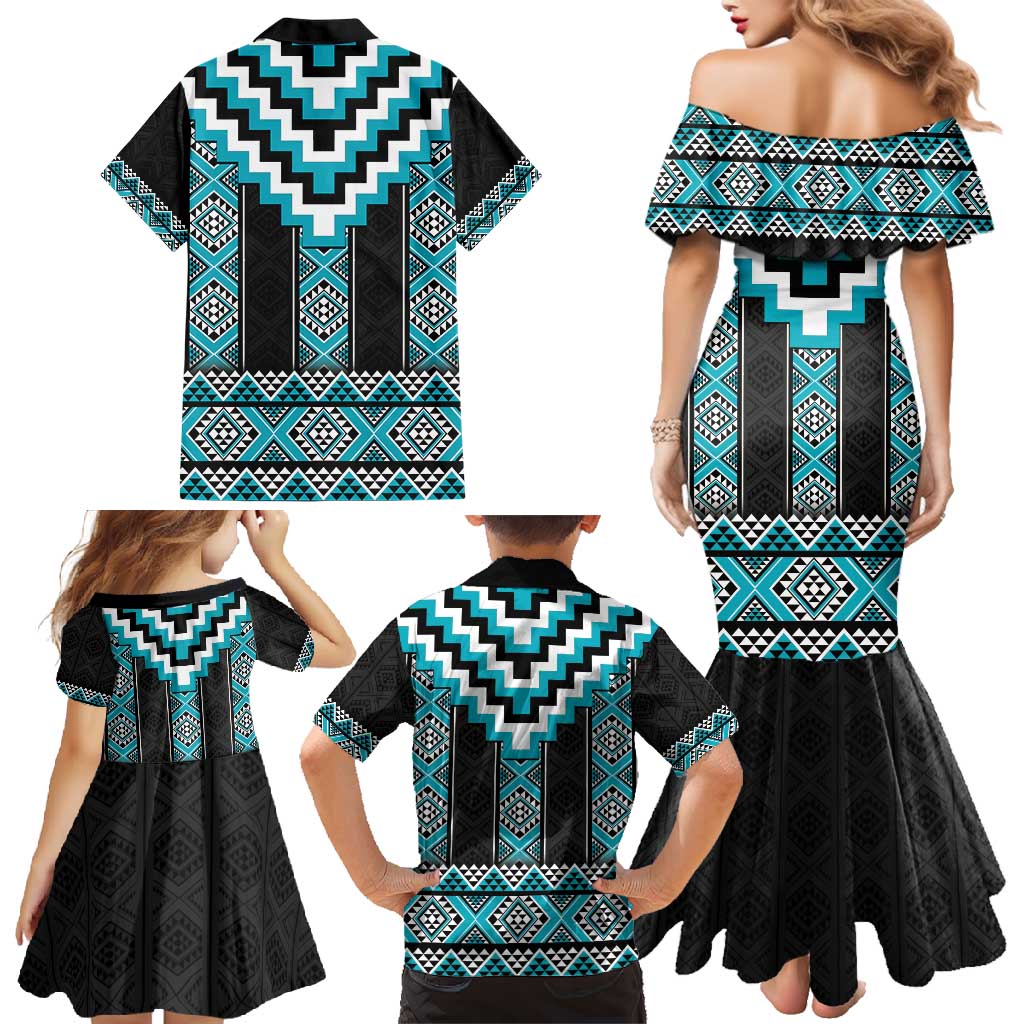 Turquoise Taniko Pattern Aotearoa Family Matching Mermaid Dress and Hawaiian Shirt Niho Taniwha Mix Poutama LT14 - Polynesian Pride