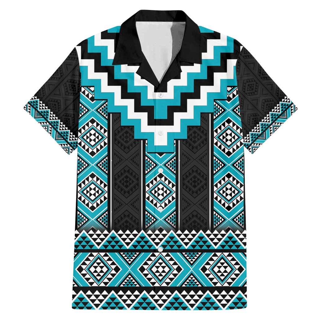 Turquoise Taniko Pattern Aotearoa Family Matching Mermaid Dress and Hawaiian Shirt Niho Taniwha Mix Poutama LT14 Dad's Shirt - Short Sleeve Turquoise - Polynesian Pride