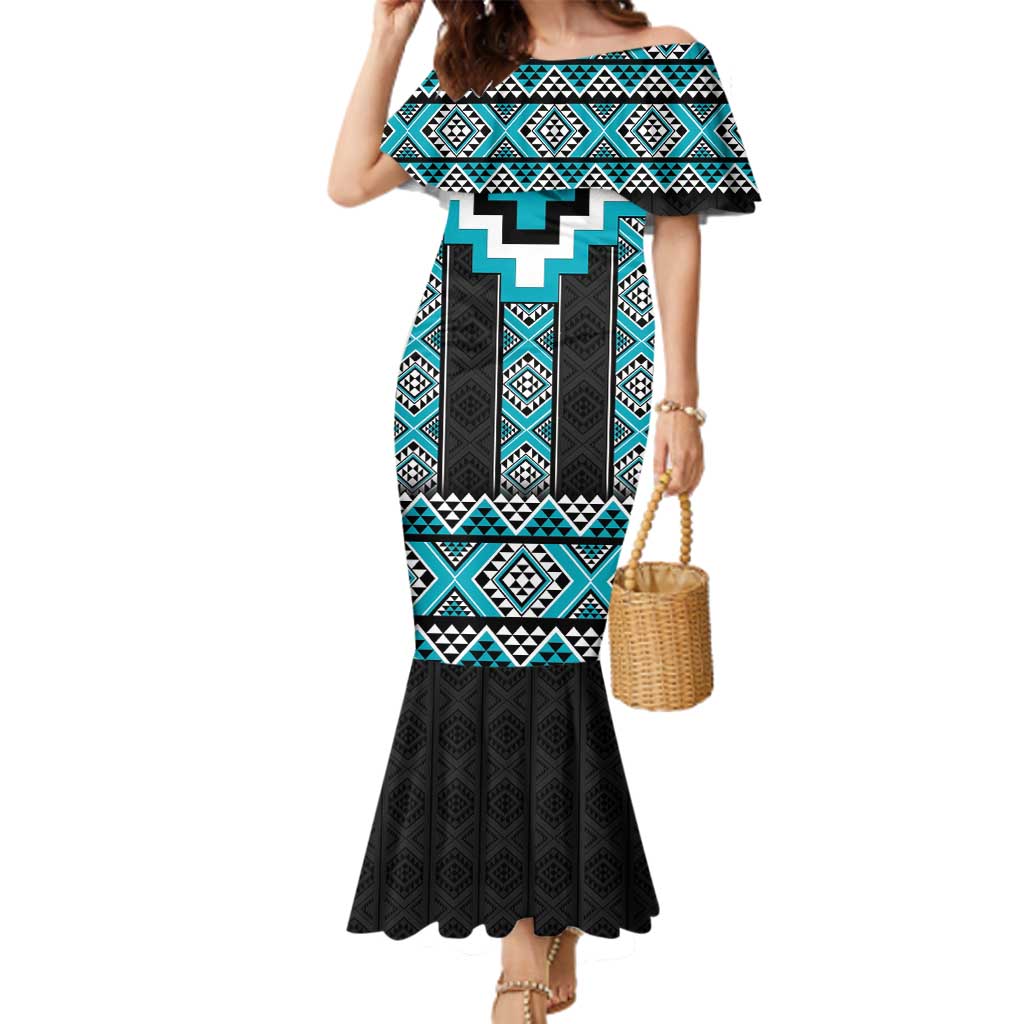 Turquoise Taniko Pattern Aotearoa Family Matching Mermaid Dress and Hawaiian Shirt Niho Taniwha Mix Poutama LT14 Mom's Dress Turquoise - Polynesian Pride