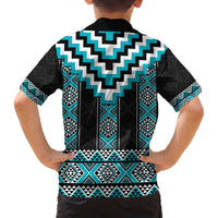 Turquoise Taniko Pattern Aotearoa Family Matching Off The Shoulder Long Sleeve Dress and Hawaiian Shirt Niho Taniwha Mix Poutama LT14 - Polynesian Pride